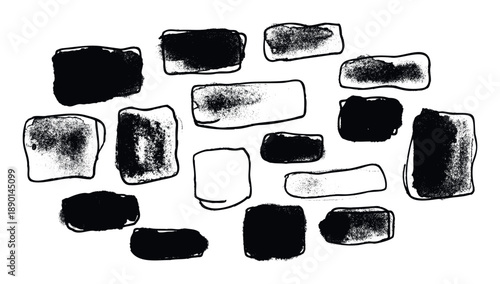 Collection of distressed black ink brush strokes and textured abstract rectangular shapes suitable for adding grunge effects and graphic overlays to various creative projects.