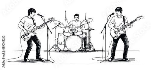 Dynamic three piece band performing live with bass guitar electric guitar and full drum kit on stage ideal for music themed events concert posters and entertainment media