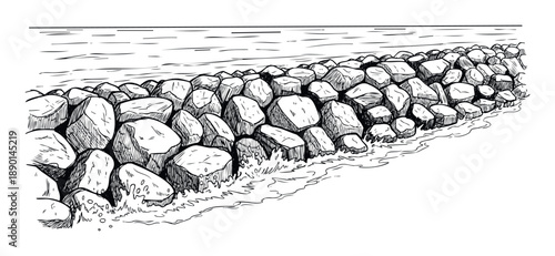 Detailed hand drawn line art depicting a robust rock barrier or seawall at the waters edge, showcasing coastal defense and marine interaction for educational materials