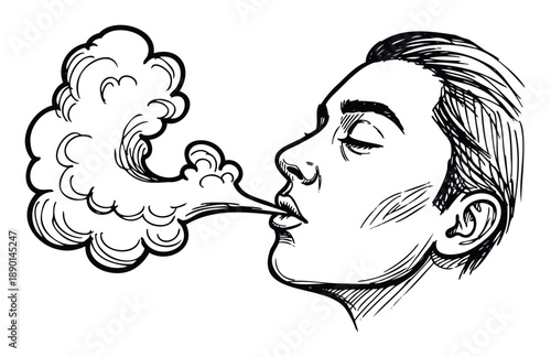A striking monochrome drawing depicting a person in profile exhaling a dense cloud of stylized smoke, perfect for visual communication in graphic projects and conceptual designs.