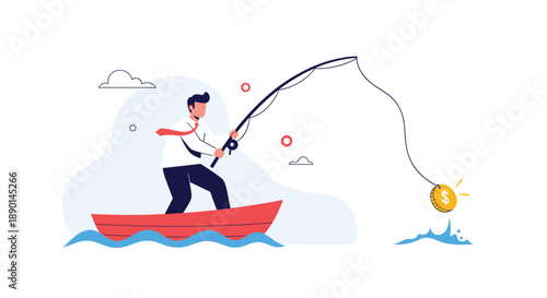 Businessman in a small red boat uses a fishing rod to catch a golden dollar coin, symbolizing the pursuit of wealth and professional financial gain.