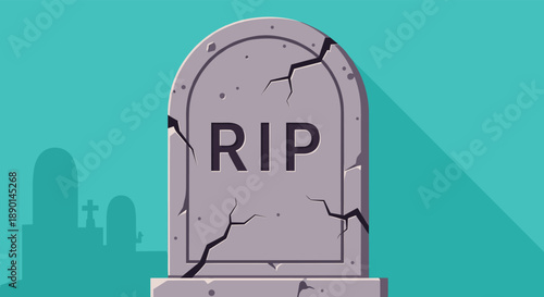 Large gray cracked gravestone marked with RIP letters stands in front of a dark blue graveyard silhouette under a teal sky.