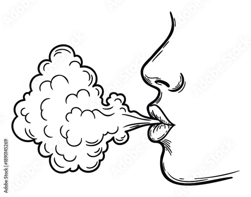 A striking black and white profile drawing of a persons mouth exhaling a large, thick cloud of smoke or vapor, perfect for health, lifestyle, or abstract communication projects.