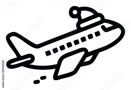 Stylized graphic of a commercial airplane adorned with a cheerful Santa hat ideal for capturing the spirit of festive travel and winter vacation planning