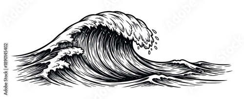 Powerful ocean wave crashing with white foam in a dynamic black and white engraving style, perfect for vintage prints, surf apparel, or marine themed graphics