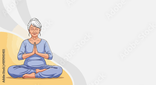 Elderly woman practicing senior meditation in serene lotus pose, finding inner peace. Senior meditation with hands in prayer position, embracing mindful breathing and relaxation.