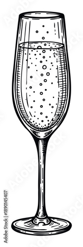 Elegant champagne flute filled with effervescent sparkling wine featuring numerous bubbles, perfect for celebratory event invitations, beverage menus, or holiday greeting imagery.