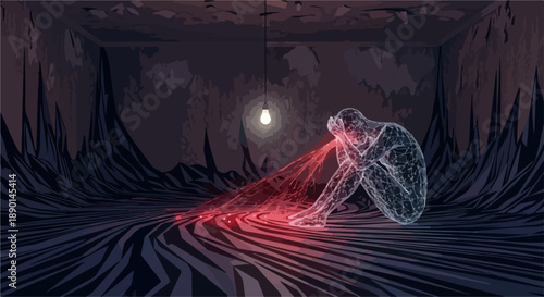 Abstract illustration depicts person experiencing mental health struggle in dark, confined room. Translucent figure, hunched, red lines emanating, symbolizing deep mental health issues.