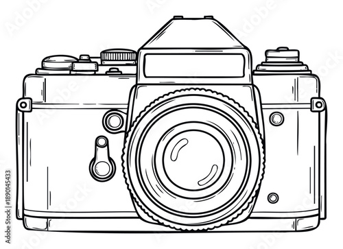 An iconic traditional manual film camera black line drawing capturing nostalgic photography essence for use in documentaries, scrapbooking, or digital media projects.