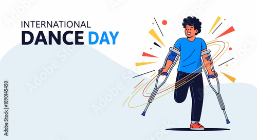 Illustration of person with crutches celebrating International Dance Day, showing dynamic movement and inclusivity. Dynamic celebration for International Dance Day, promoting joy and accessibility.