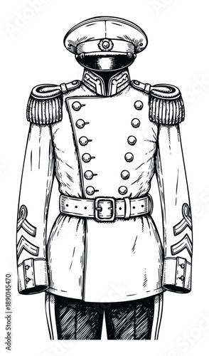 A detailed black and white sketch depicts a formal military or naval uniform with a peaked cap, elaborate epaulets, doublebreasted jacket, and belted waist, suitable for historical,