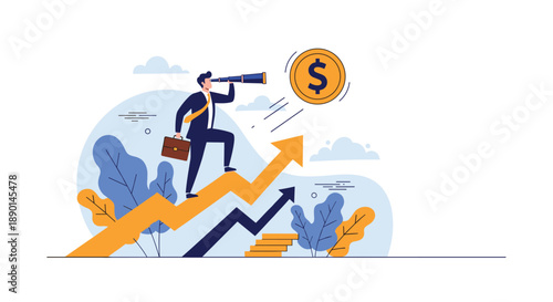 Businessman standing on a rising yellow arrow using a telescope to look at a large dollar coin, depicting professional financial foresight and vision.
