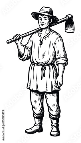 Smiling farmer wearing a straw hat and traditional attire carrying a gardening hoe on his shoulder, perfect for agricultural history, vintage farm themes, and food production concepts.