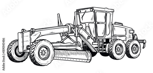 Black and white line drawing of a powerful motor grader heavy equipment machine used for road construction and infrastructure development at a work site for engineering projects
