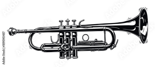 Classic trumpet brass musical instrument depicted in a vintage engraved style perfect for music event promotions posters album covers and various graphic design projects.