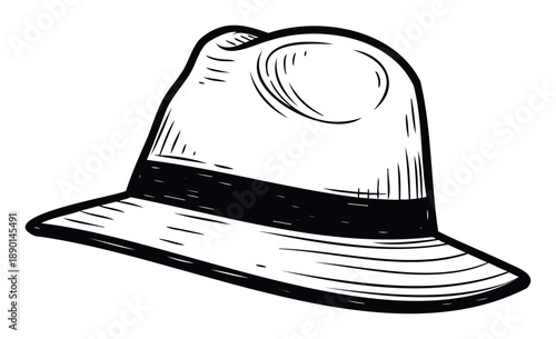 Black and white line drawing of a classic fedora hat with a wide brim and band, perfect for illustrating vintage fashion accessories or iconic mens headwear in various graphic compositions.