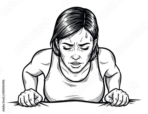 Determined woman pushing through a strenuous challenge, sweating with intense focus and clenched hands, suitable for conveying perseverance, effort, and overcoming difficulties in visual