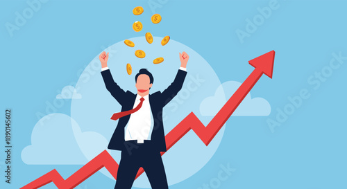 Cheerful businessman with arms raised celebrating as golden coins fall from above next to an upward-trending red growth arrow on a blue background.