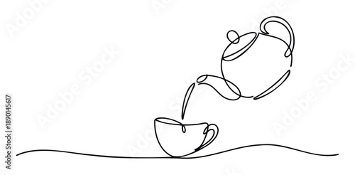 A minimalist continuous line drawing depicting a teapot pouring warm tea into a ceramic cup, perfect for hospitality branding, caf menus, or simple visual identity projects.