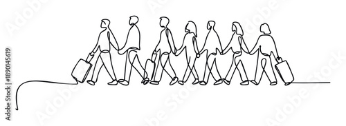 Continuous line drawing of people walking in a row, some with luggage, illustrating group travel, collaborative journey, or community movement for diverse presentations and projects.