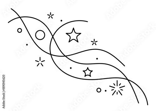 Curls and waves with stars. Magic outline illustration. Line art style.