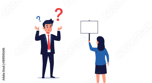 Confused businessman with question marks over his head looking at a woman holding a blank white sign board, depicting a workplace misunderstanding.