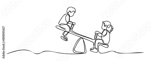 One continuous line drawing of two children, a boy and a girl, happily playing together on a seesaw, symbolizing childhood joy and balance for educational materials or play area promotion.