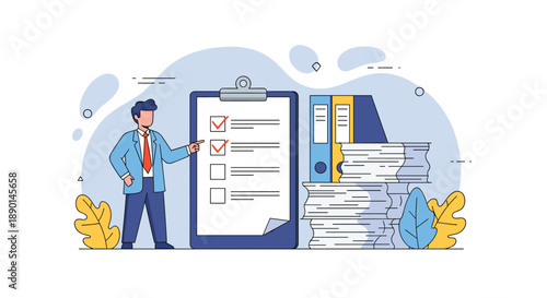 Professional businessman standing next to a large clipboard checklist and a tall stack of paper documents, illustrating daily tasks and workload.