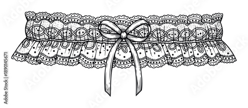 Elegant hand drawn black and white ornate lace garter featuring a delicate tied bow, ideal for bridal stationery, boudoir photography props, or timeless clothing accessory graphics.