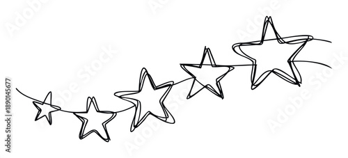A continuous line drawing featuring five stars in a playful scribbled style, perfect for illustrating ratings, achievements, success, or decorative elements in various projects.
