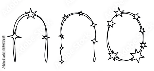 Hand drawn star frames and celestial line doodles collection perfect for enchanting graphic projects, social media stories, and celebratory event invitations.