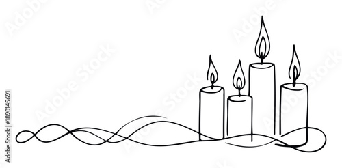 Elegant continuous line drawing depicting four lit candles with graceful winding swirls forming a serene border graphic perfect for spiritual events and calming greeting decorations