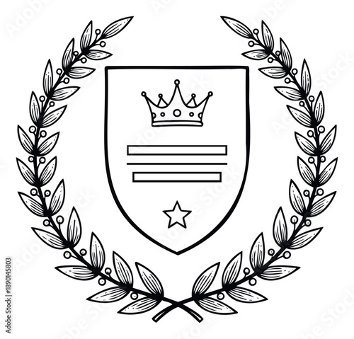 Classic hand drawn crest with a noble crown, placeholder text lines, and a star surrounded by a botanical laurel wreath, perfect for certificates, emblems, awards, or achievement badges.
