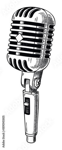 Classic vintage microphone with a timeless iconic design perfect for various music industry visuals, broadcast media, and vocal performance applications.