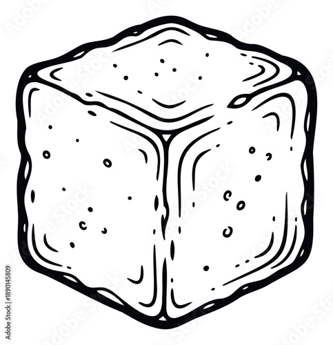 Handdrawn outline of a textured sugar cube or ice block, ideal for food and beverage branding, sweet dessert recipes, cold drink menus, and kitchen ingredient educational content.