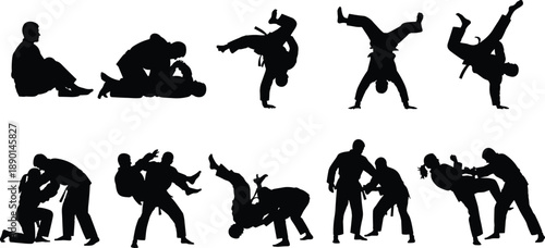 Silhouettes of martial artists demonstrating combat, grappling, throws, and acrobatic techniques isolated on white background for self defense, training, and fighting concept