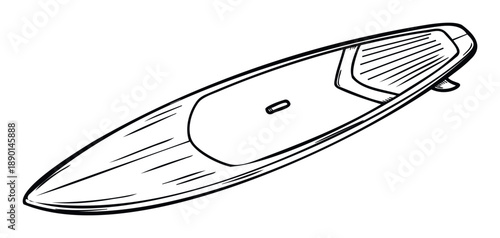 Black outline sketch of a stand up paddleboard for water sports and outdoor recreation activities useful for active lifestyle publications and summer holiday advertisements.