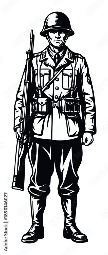 Naklejka premium Fully equipped historical soldier standing in a traditional uniform holding a rifle, perfect for military history projects, educational resources, and commemorative graphics.