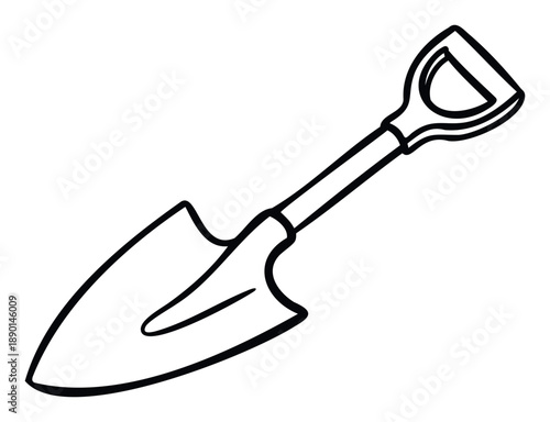 Essential outline drawing of a garden spade or digging shovel, perfect for illustrating agricultural tasks, construction work, or general outdoor activity equipment.