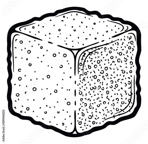 Graphic black and white cube featuring distinct speckled and granular textures across its visible surfaces, ideal for minimalist food branding, educational content, or contemporary visual