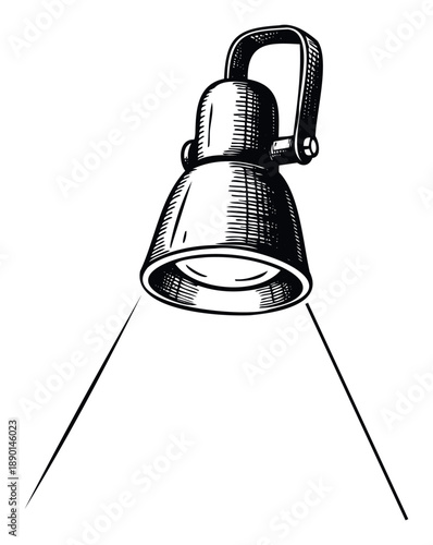 Vintage spotlight fixture emitting focused light beams in an engraved style, ideal for theatrical presentations, product highlights, and dramatic visual effects.