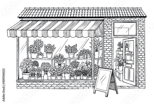 Line drawing of a charming flower shop facade with a striped awning and a display window full of potted plants, ideal for gardening related publications or retail store themes