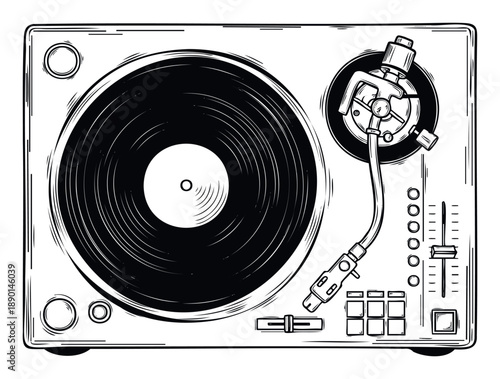 Black and white scratchboard style drawing of a classic analog turntable with a spinning vinyl record and various sound control elements for music and audio production uses
