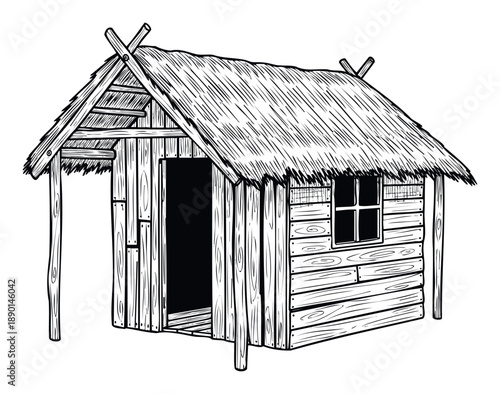 Hand drawn black and white vintage style shack or small rustic hut with a thatched roof and wooden walls, suitable for historical, cultural, or architectural themed projects and educational