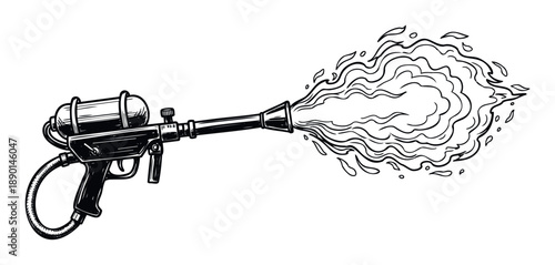 Vintage style flamethrower emitting powerful fire, perfect as a graphic resource for themes of danger, destruction, or strong energy concepts