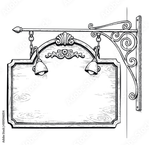 Black and white vintage style blank wooden shop sign with ornate metal bracket and two lamps, perfect for rustic restaurant or cafe exterior branding