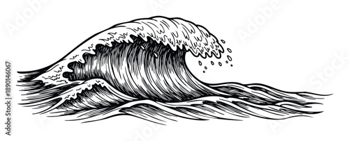Majestic crashing ocean wave line drawing expressing the wild beauty of the sea ideal for adventure sports branding or coastal tourism marketing materials