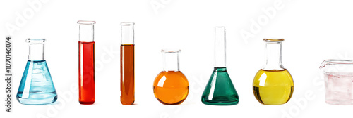A row of colorful laboratory flasks and beakers on a white surface for chemistry experiments isolated on transparent background