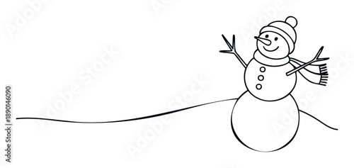 Cheerful smiling snowman standing on a snowdrift wearing a warm hat and scarf, perfect for winter holiday greeting decorations or seasonal childrens book illustrations.