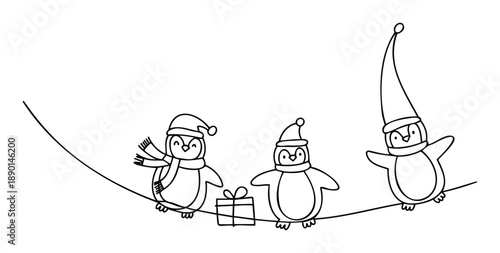 Cheerful winter penguins dressed in cozy santa hats and scarves with a present on a suspended line, useful for festive season promotions and greeting projects